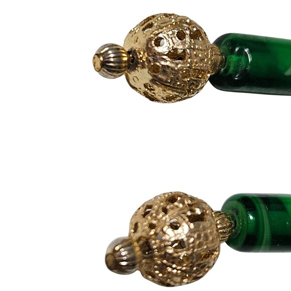 Elegant Retro Green Glass Gold Tone Filigree Bead Drop Earrings Fashion Jewelry - Picture 3 of 4